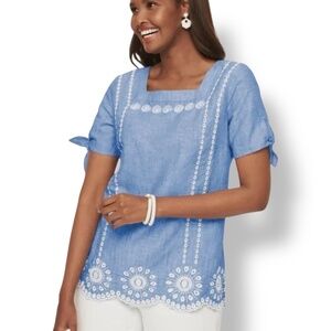 TALBOTS Linen Cotton Blend Chambray Embroidered Flared Top Tie Sleeves US Sz 2X